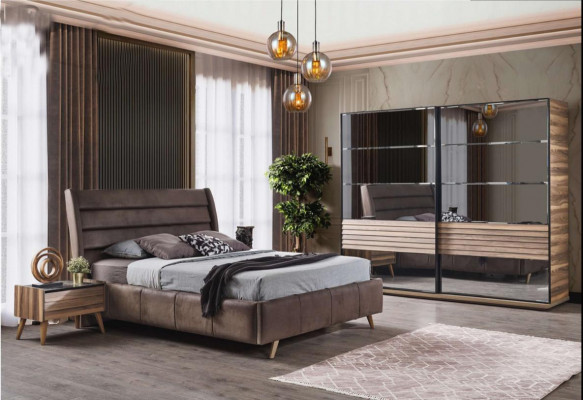 Mobilier de chambre moderne Lit double Rembourrage Tables de chevet en bois Armoire