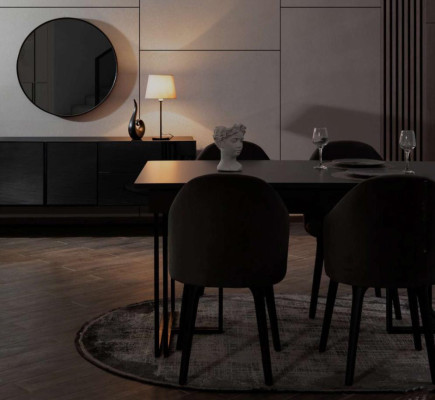 Mobilier de salle à manger en bois noir noble, table à manger de designer, bahut, chaises