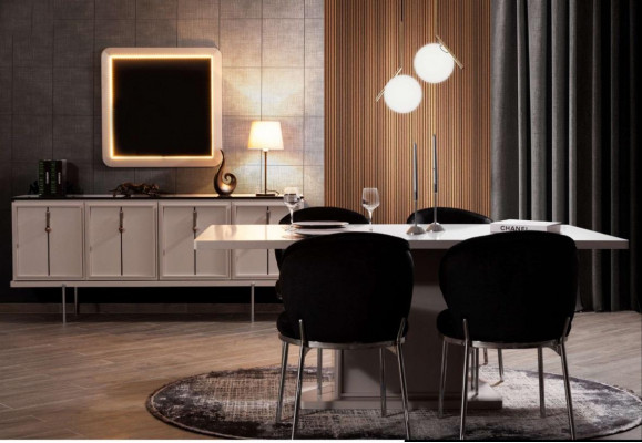 Salle à manger Suite Ensemble moderne Table à manger 4x chaises rembourrées Buffet 7 pièces
