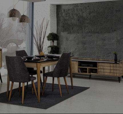Salle à manger Groupe Designer Table à manger brune 4x chaises rembourrées noires