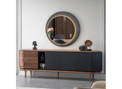 Suite élégante Designer Brown Sideboard Round Mirror 2-Piece Wood Set