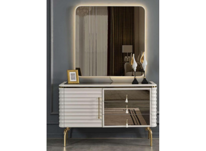 Élégant ensemble de chambre à coucher en blanc avec commode ronde à LED, 2 pièces