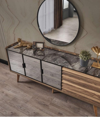Ensemble de salle à manger marron Buffet élégant Miroir rond Meubles en bois 2 pièces