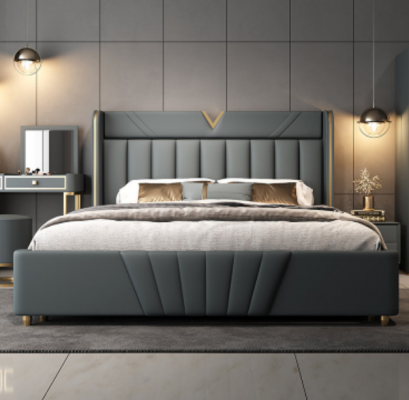 Chambre Grise Lit Meubles de Designer Matériaux de Luxe Cadre en Bois