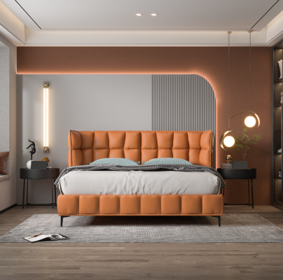 Lit double orange Mobilier de chambre à coucher Textile Lits Cadre en bois Élégant