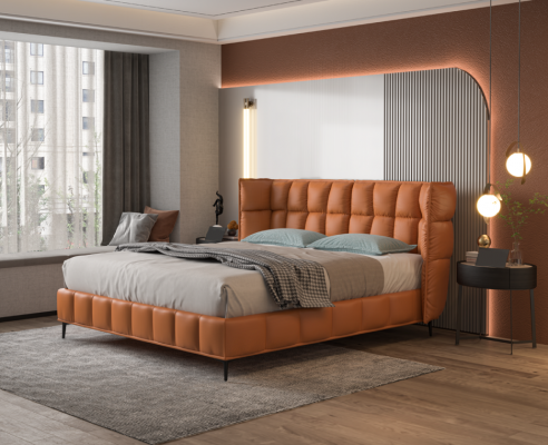 Lit double orange Mobilier de chambre à coucher Textile Lits Cadre en bois Élégant
