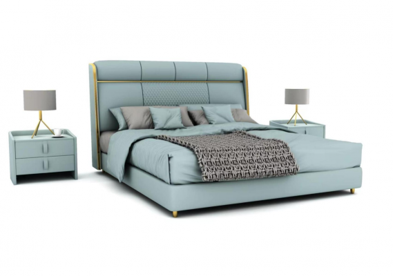 Chambre bleue Lit double Lits de designer Cadre en bois Meubles de luxe