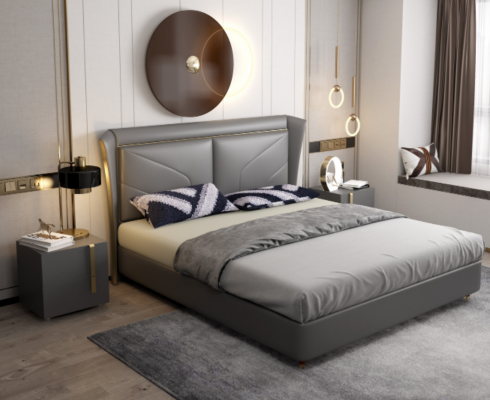 Chambre grise Lit double Lits design Cadre en bois Lits en cuir