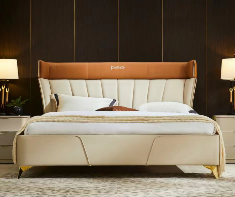 Chambre Beiges Lit double Lits en cuir Cadre en bois Mobilier textile