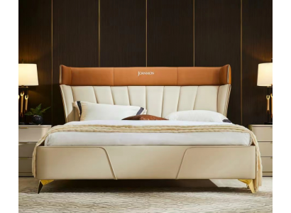 Chambre Beiges Lit double Lits en cuir Cadre en bois Mobilier textile
