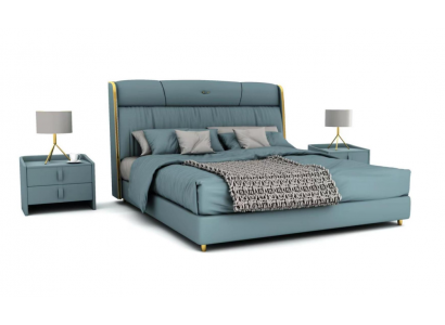 Chambre bleue Lit double Meubles design Lit LED Bois Lits textiles