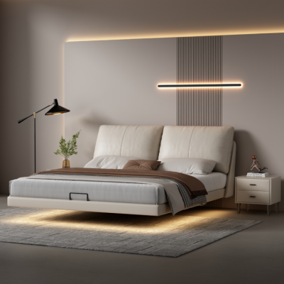 Mur lit double en cuir de designer avec cadre en bois pour mur de chambre blanche