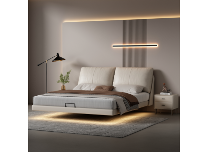 Mur lit double en cuir de designer avec cadre en bois pour mur de chambre blanche