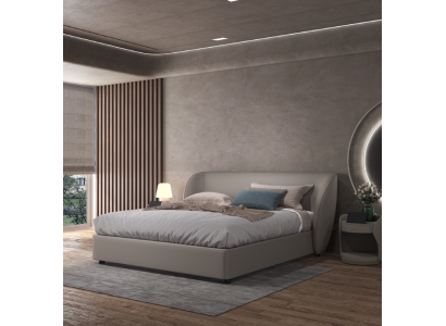 Chambre double de designer grise - lits en textile et en bois, lits en cuir.