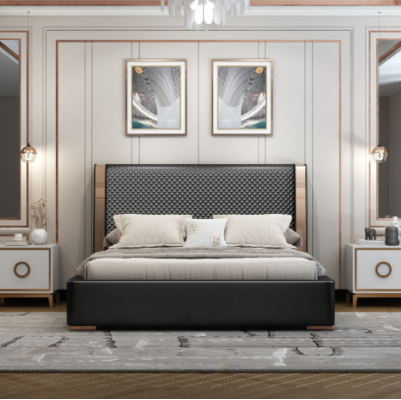 Chambre Lits Lit en cuir gris Mobilier moderne Lits à cadre en bois