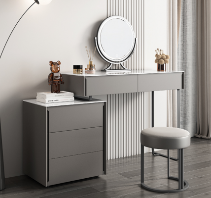 Table de maquillage grise, chambre de designer en bois, meubles de luxe, coiffeuse.