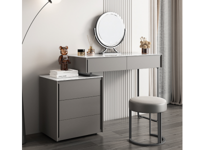 Table de maquillage grise, chambre de designer en bois, meubles de luxe, coiffeuse.