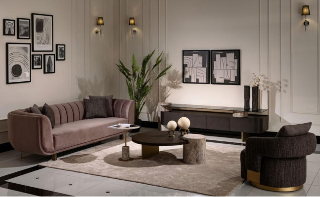 Salon Ensemble Canapé Fauteuil Marron Tissu Tables Basses Ensemble 5 pièces Cabinet TV