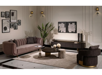 Salon Ensemble Canapé Fauteuil Marron Tissu Tables Basses Ensemble 5 pièces Cabinet TV