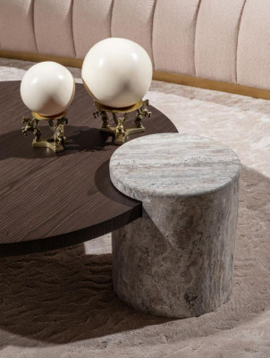 Salon Ensemble Canapé Fauteuil Marron Tissu Tables Basses Ensemble 5 pièces Cabinet TV