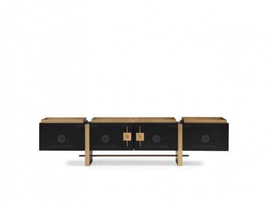 Meuble télé sideboard Lowboard TV Stand - Design moderne noir et or en bois