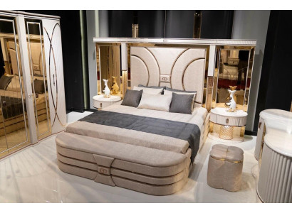 Chambre à coucher Ensemble Lit 2x Tables de chevet Tabouret Luxe nouveau Design en bois 5 pièces