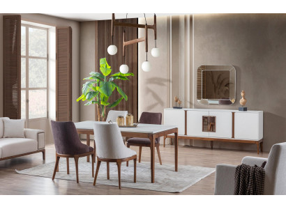 Ensemble de salle à manger de luxe Table à manger 4 chaises Buffet Miroir 7 pièces Moderne