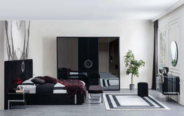 Grand ensemble de chambre noir Lit Tables de chevet Armoire 7 pièces.