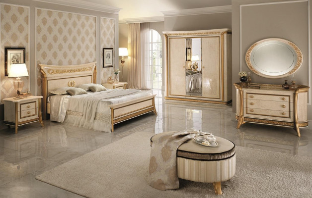 Chambre à coucher Ensemble de lit 2x Table de chevet Commode Tabouret arredoclassic 7 pièces.