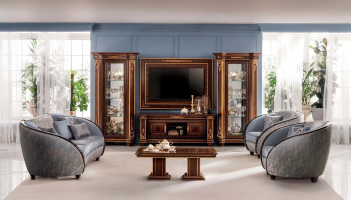 Revêtement de panneau mural TV en bois Baroque Meuble TV de luxe pour salon.