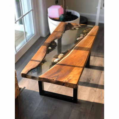 Table en rivière en résine époxy Bois véritable Tables à eau bleue Meubles en époxy nouveaux Solides