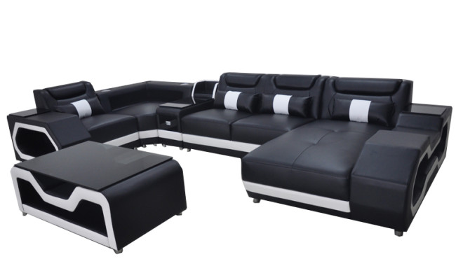 Canapé en cuir Canapé Rembourrage Coin Suite Moderne Paysage Table + USB + LED