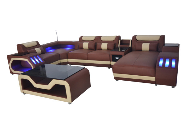 Canapé en cuir Canapé Rembourrage Coin Suite Moderne Paysage Table + USB + LED