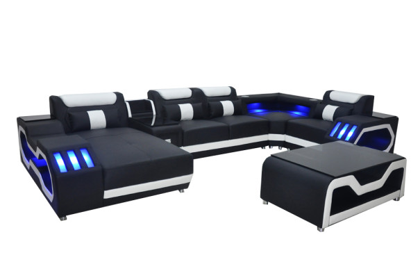 Canapé en cuir Canapé Rembourrage Coin Suite Moderne Paysage Table + USB + LED