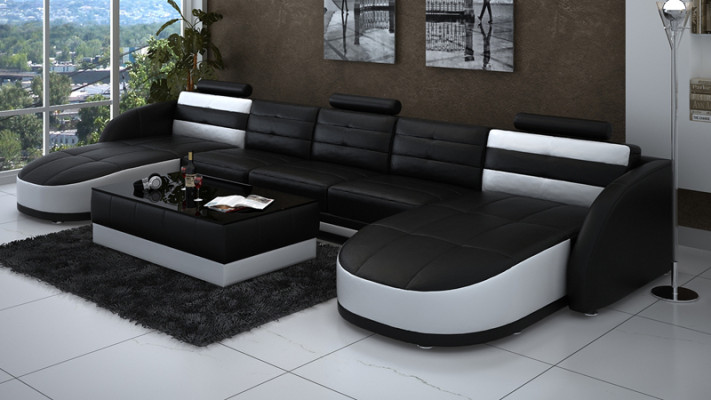 Conception Canapé d'angle en cuir de salon moderne USB noir de suite moderne.