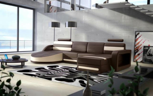 Paysage vivant CANAPÉ EN CUIR XXL Canapé d'angle + Suite USB DESIGN Canapé d'angle Marron neuf