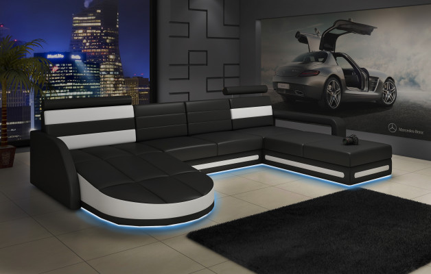 XXL Salon de paysage CANAPÉ Suite DESIGN Canapé d'angle Noir CANAPÉ EN CUIR avec USB neuf