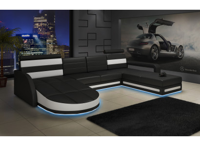 XXL Salon de paysage CANAPÉ Suite DESIGN Canapé d'angle Noir CANAPÉ EN CUIR avec USB neuf