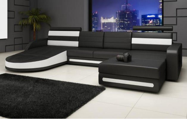 XXL Salon de paysage CANAPÉ Suite DESIGN Canapé d'angle Noir CANAPÉ EN CUIR avec USB neuf