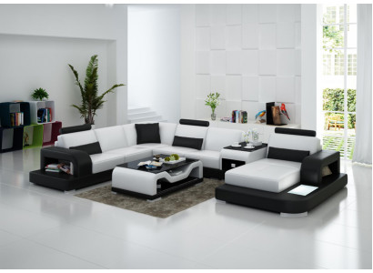 Canapé en cuir Canapé Paysage de vie Canapé d'angle Suite d'angle Design Canapé moderne avec USB