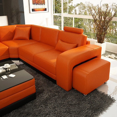 Conception Cuir Salon paysage Canape d'angle Moderne Ensemble Canape d'angle nouveau Orange USB