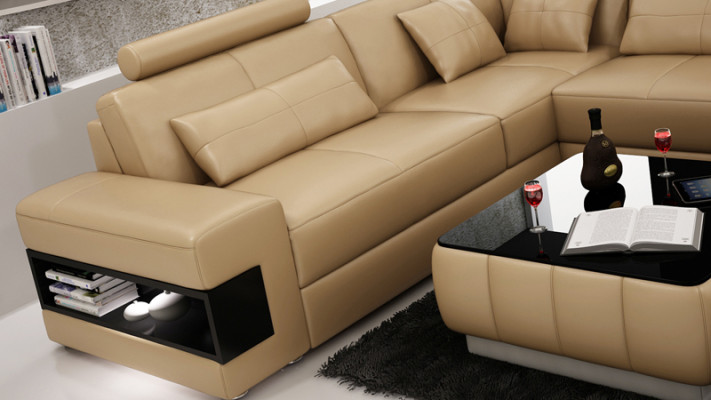 Canapé en cuir XXL avec USB, canapé d'angle paysage vivant Suite de canapé design Canapé d'angle nouveau