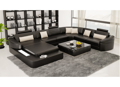 Canapé en cuir de luxe, modern seat suite corner sofa, paysage de vie à LED avec port USB.