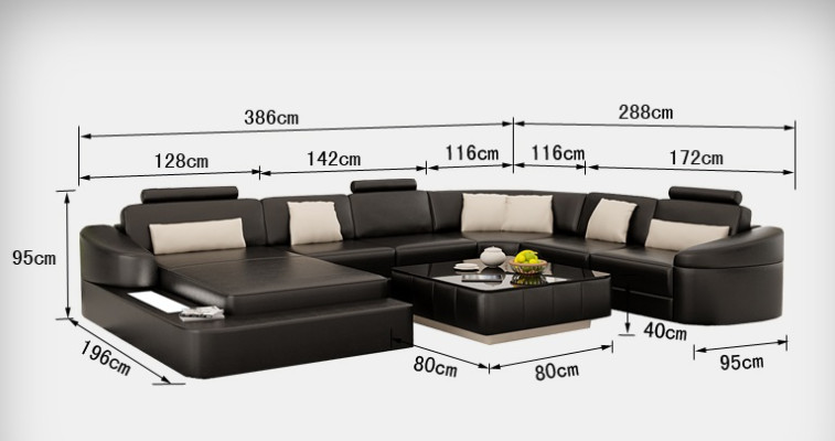 Canapé en cuir de luxe, modern seat suite corner sofa, paysage de vie à LED avec port USB.
