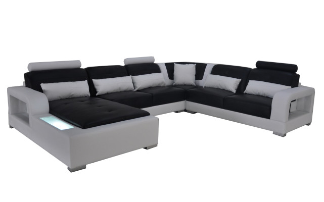 Canapé en cuir + Canapé USB Salon paysager Coin surélevé Design Moderne Rembourrage en U en forme