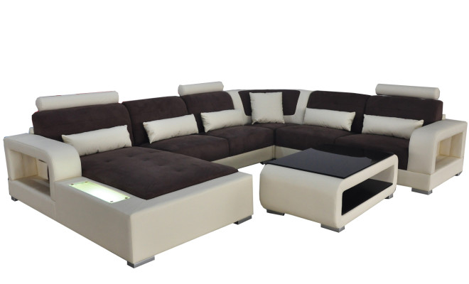 Canapé en cuir + Canapé USB Salon paysager Coin surélevé Design Moderne Rembourrage en U en forme