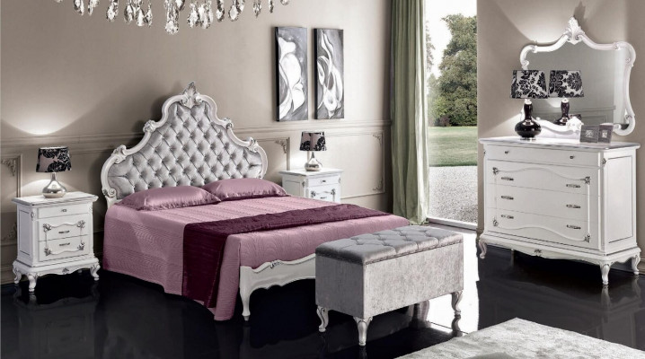 Mobilier classique Ensemble de chambre à coucher 6 pièces Lit 2x Tables de chevet Tabouret Commode Miroir