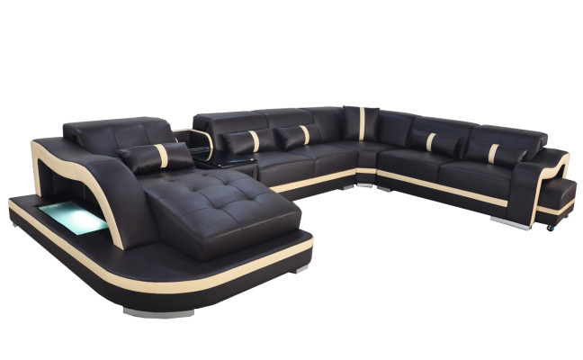 Canapé en cuir Siège rembourré Salon paysage Suite moderne Canapé avec USB Forme en U LED