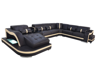 Canapé en cuir Siège rembourré Salon paysage Suite moderne Canapé avec USB Forme en U LED