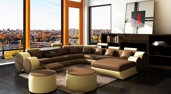 Canapé en cuir de designer avec USB XXL Paysage de vie grand canapé Coin rembourré Canapé d'angle Détente